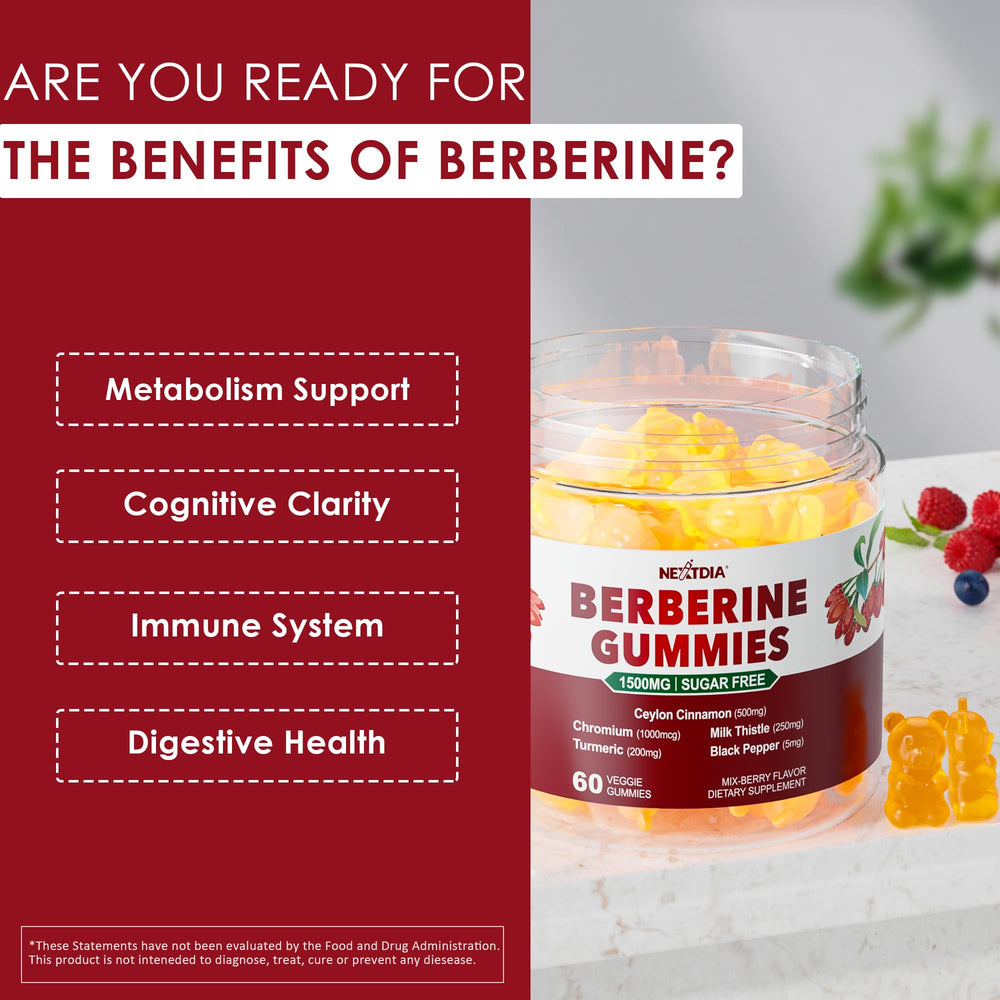 Berberine Gummies label shows a six-herb formula for holistic support