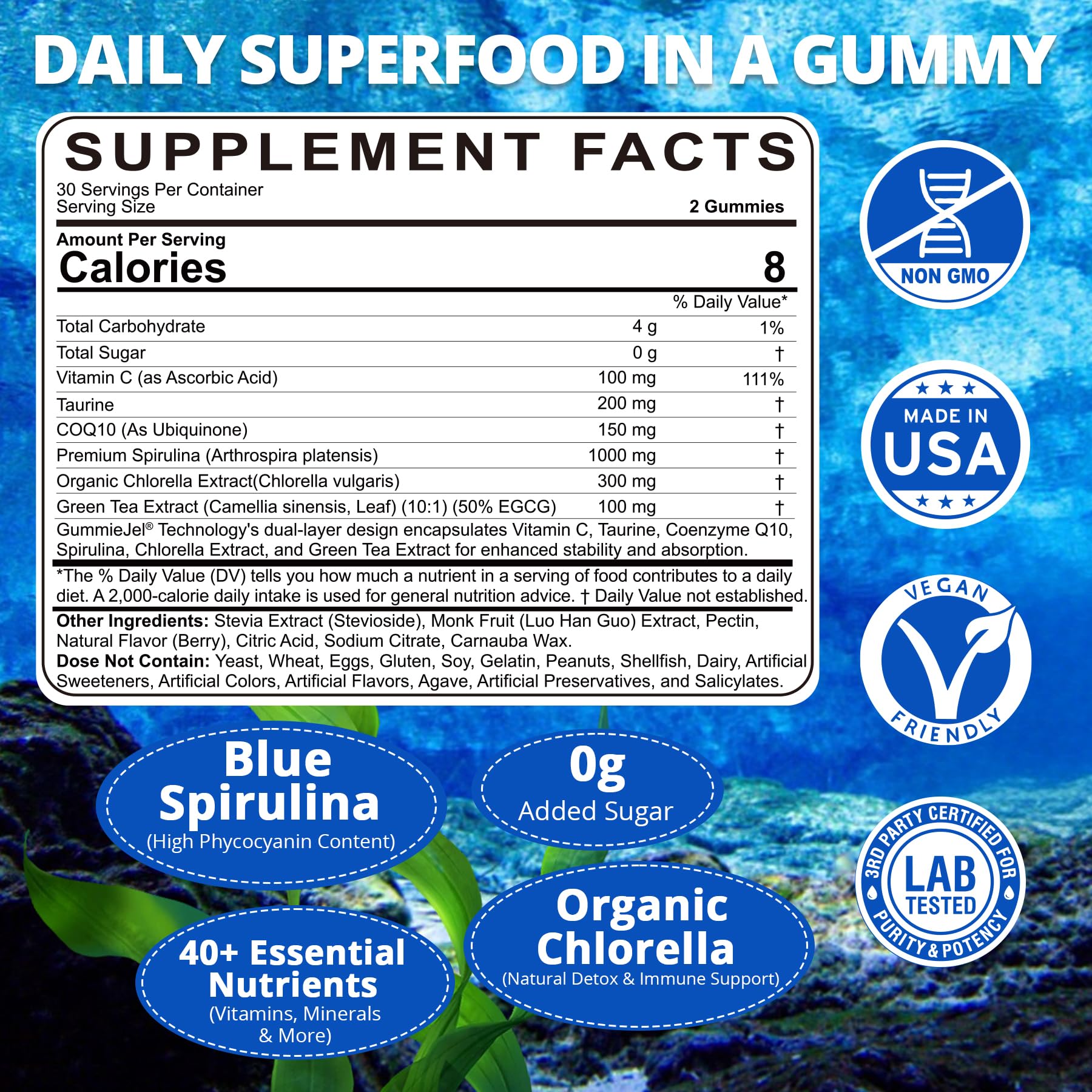 Nextdia Blue Spirulina Gummies close-up with juicy blueberry flavor and sugar-free formula