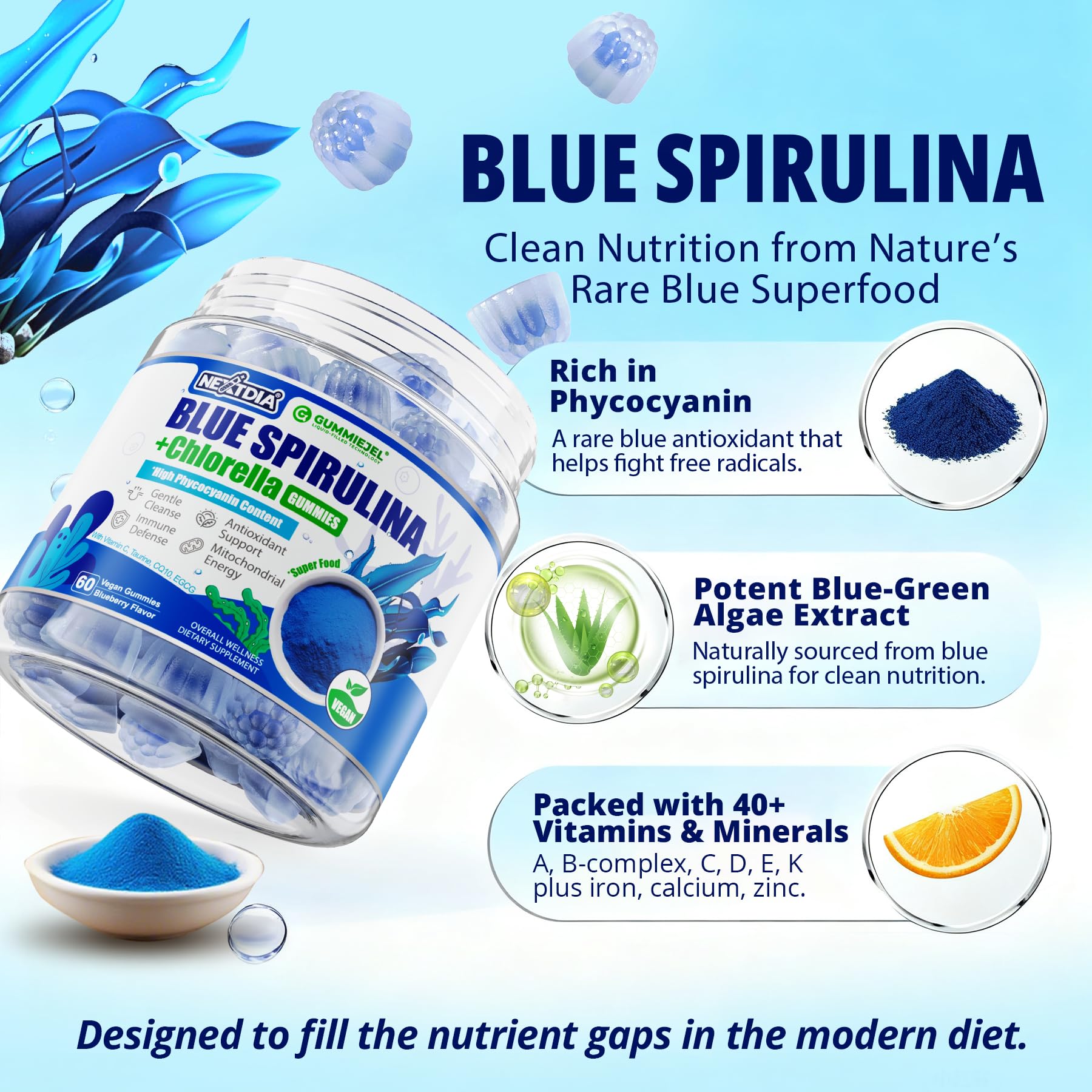 Nextdia Blue Spirulina Gummies ingredient detail highlighting CoQ10 for energy support