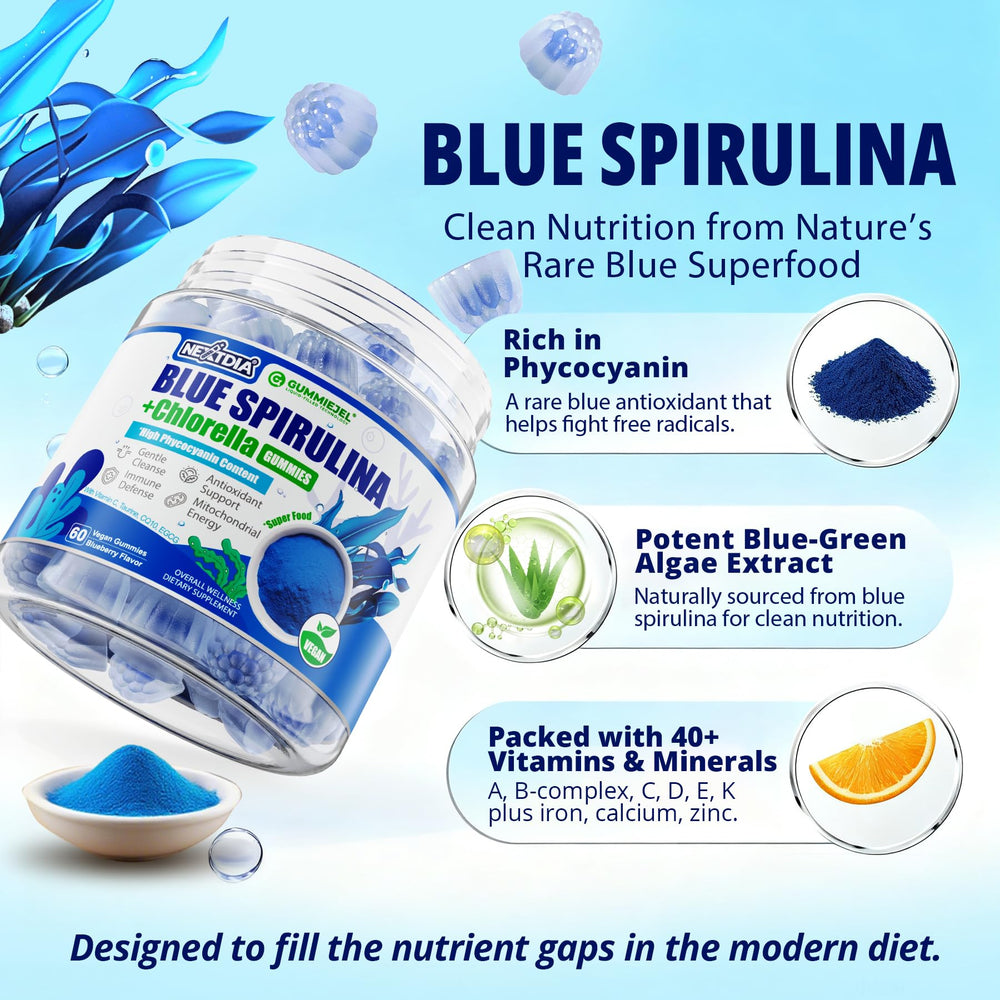 Nextdia Blue Spirulina Gummies ingredient detail highlighting CoQ10 for energy support