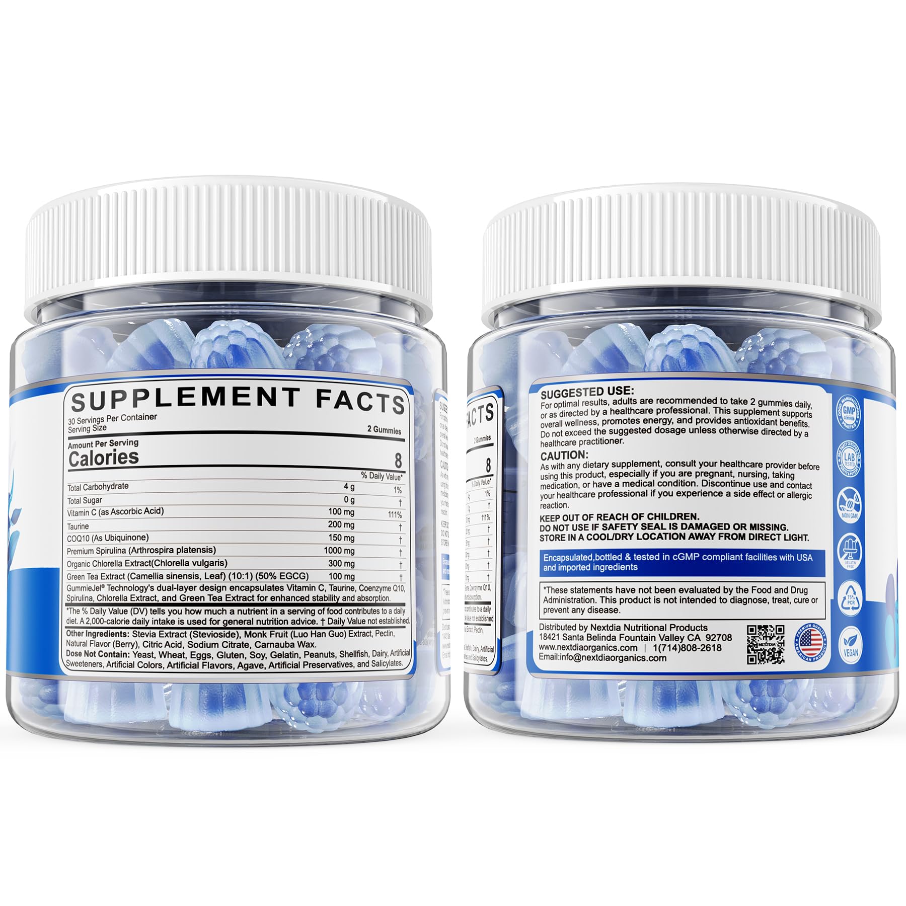 Nextdia Blue Spirulina Gummies packaging on shelf for daily routine