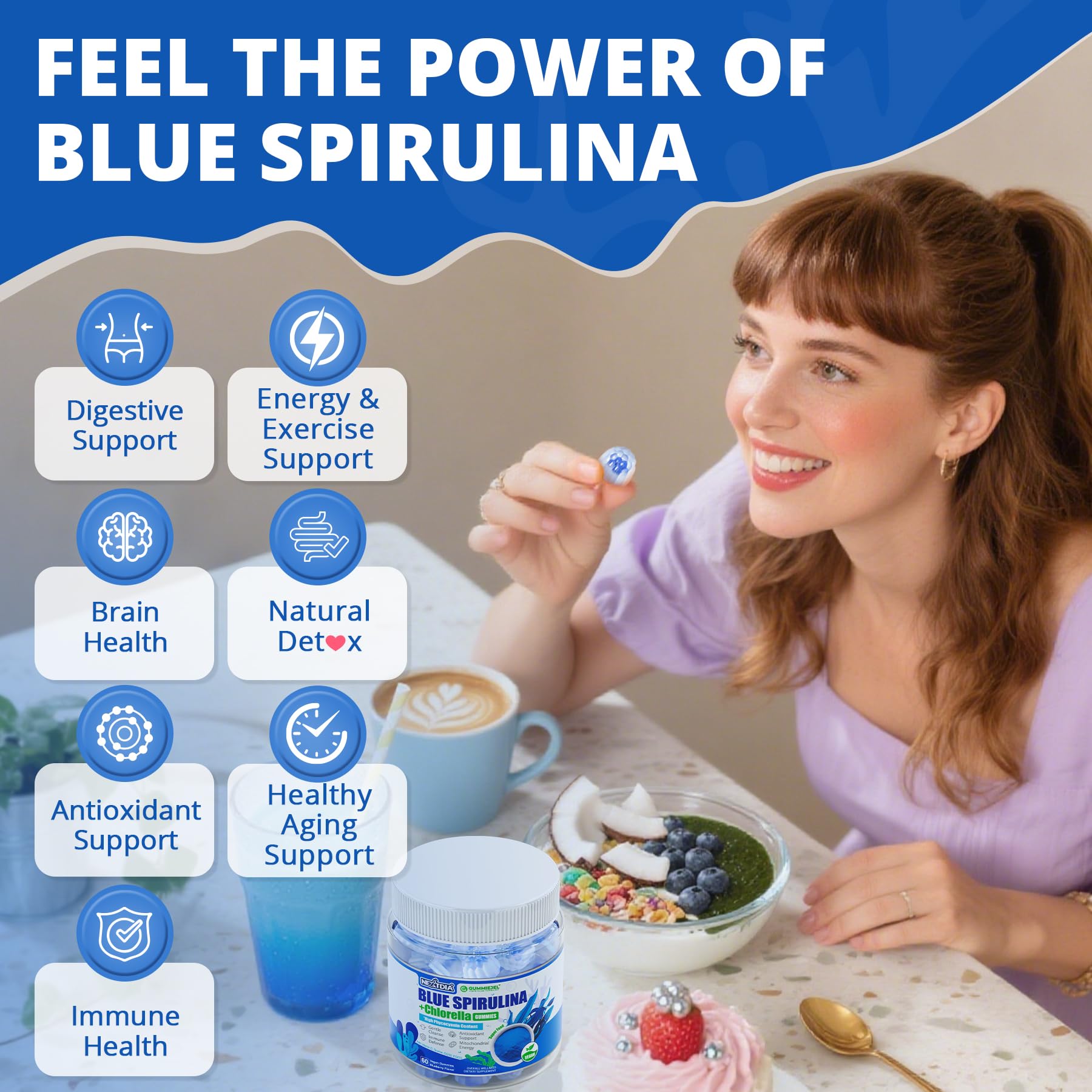 Nextdia Blue Spirulina Gummies vegan and non-GMO labeling for clean nutrition