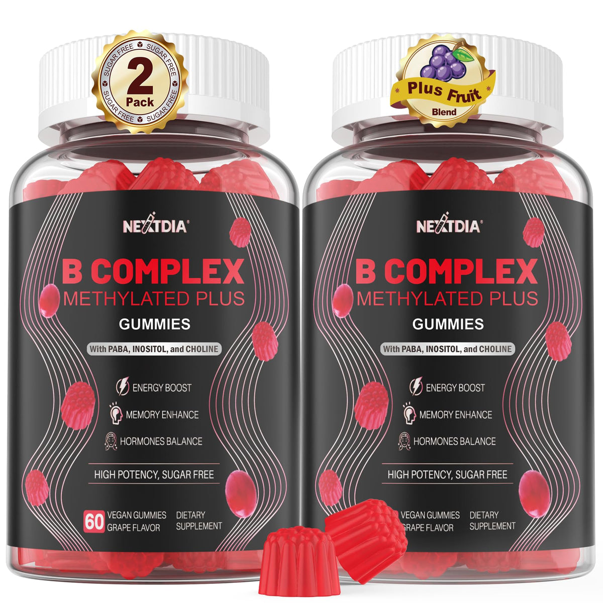 Nextdia Brain & Mood Gummies bottle front view for daily energy and focus.