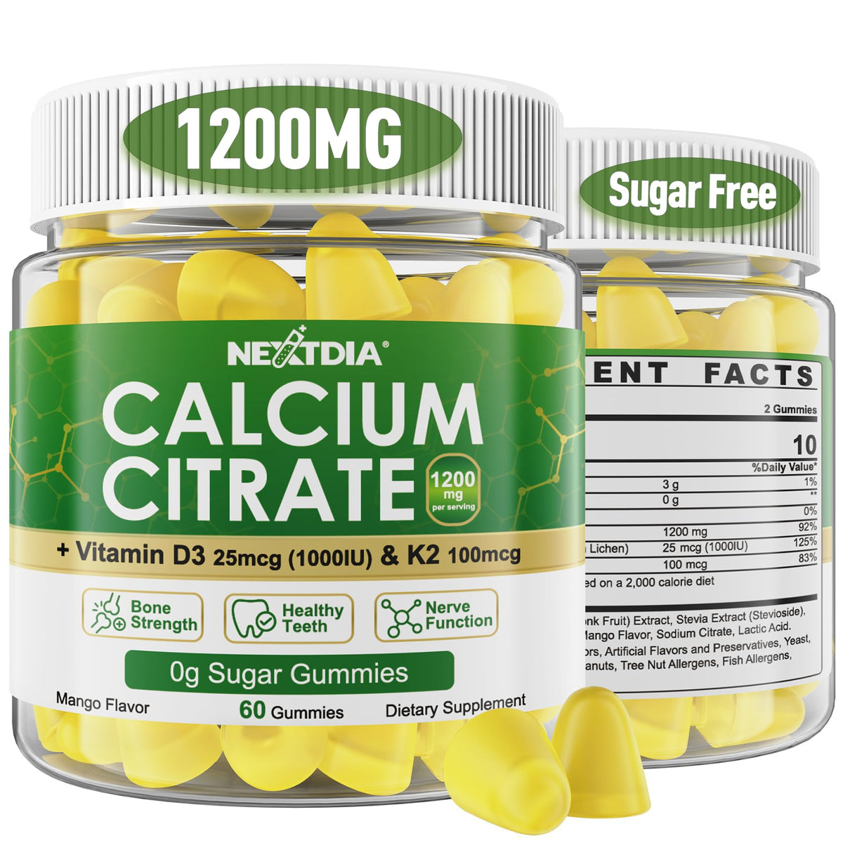 Nextdia calcium citrate gummies bottle with mango flavor for easy daily bone support
