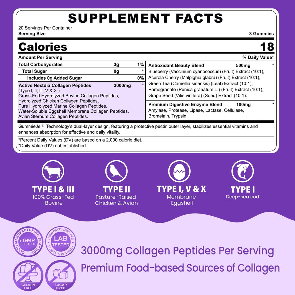 Nextdia Collagen Gummies bottle pour showing convenient daily serving for skin, hair, nails