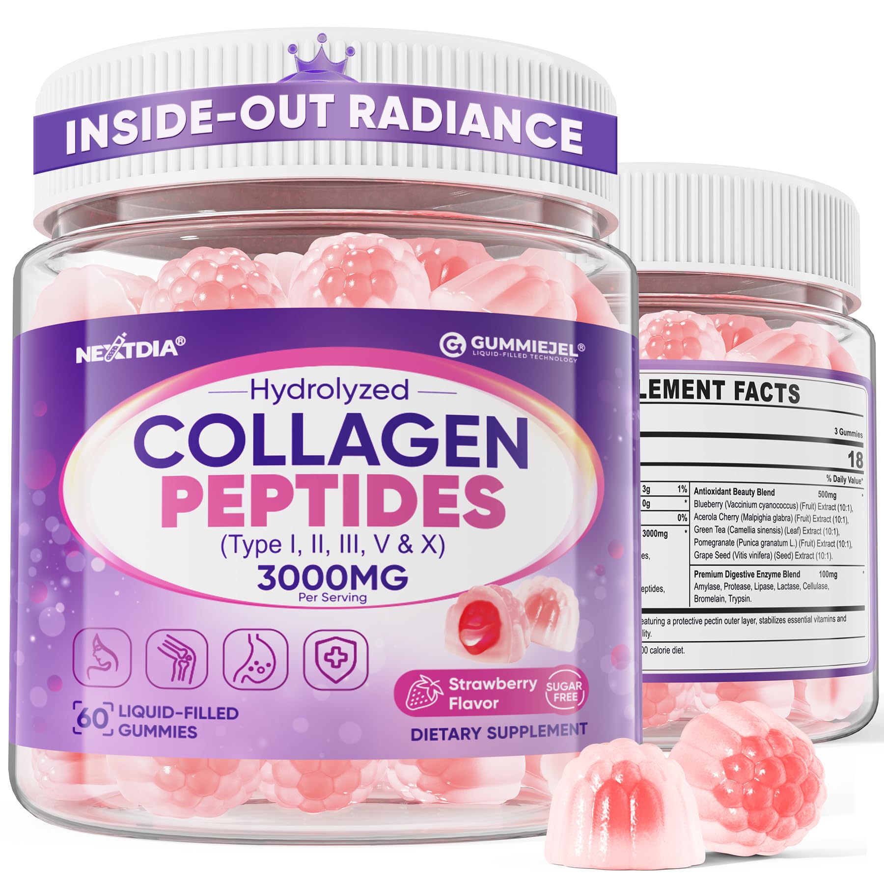 Nextdia Collagen Gummies jar closeup for daily beauty support with tropical flavor