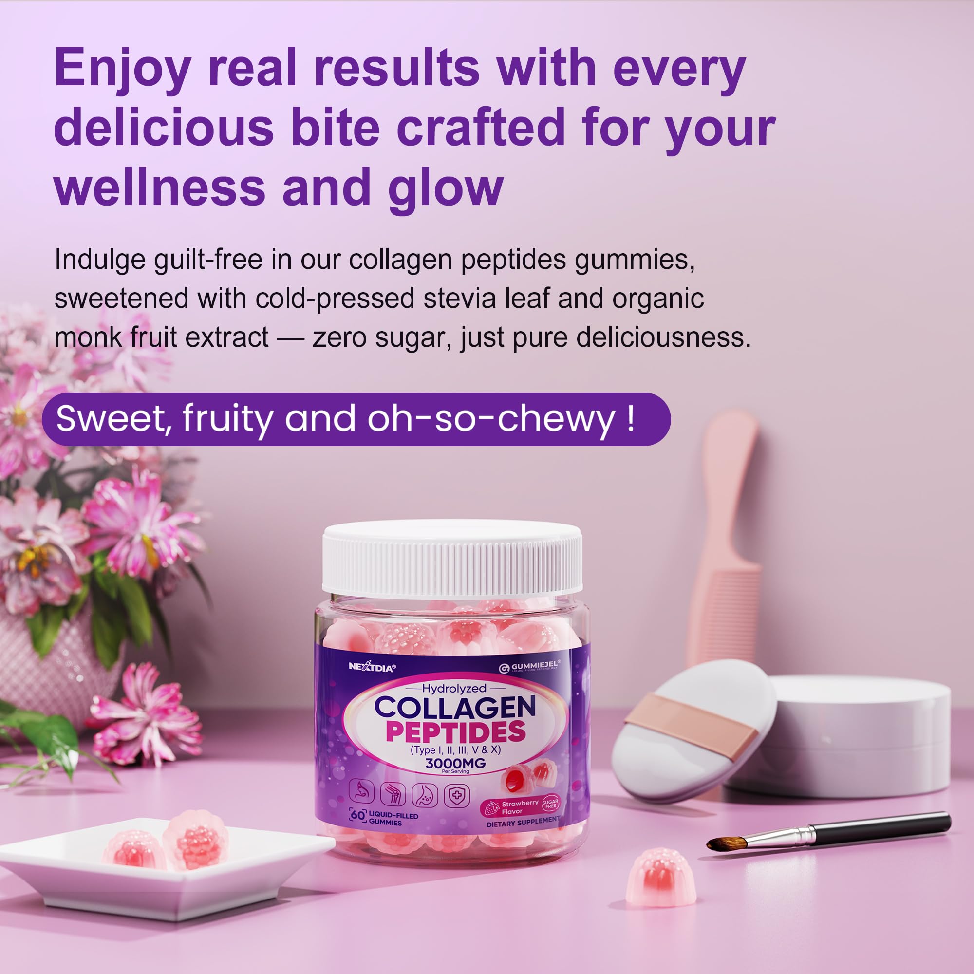 Nextdia Collagen Gummies ingredient icons highlighting multi-type collagen support