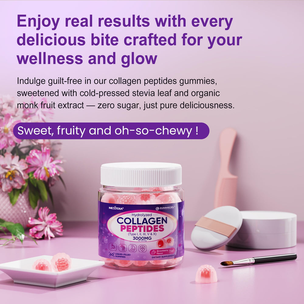Nextdia Collagen Gummies ingredient icons highlighting multi-type collagen support