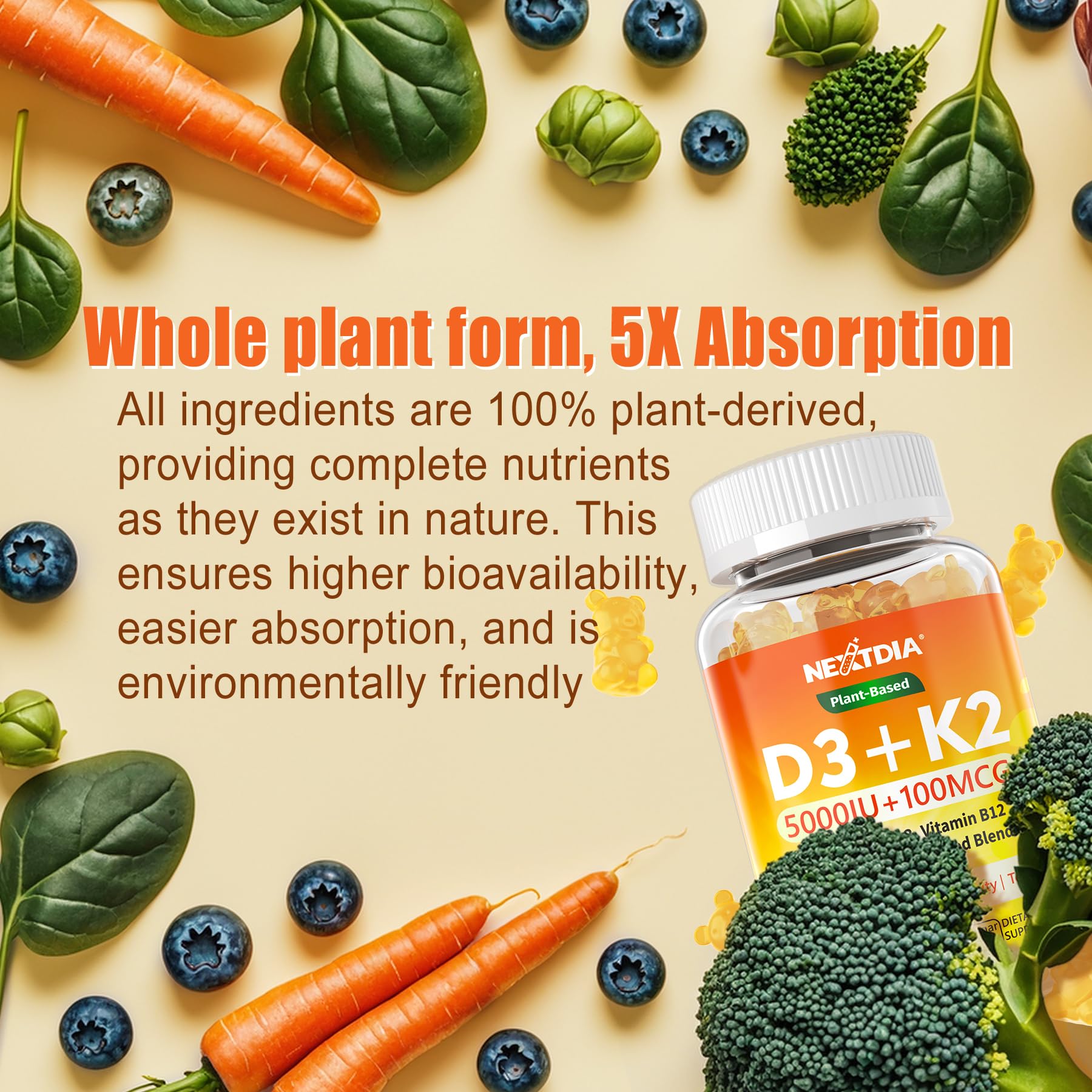 Nextdia D3K2 Gummies jar and spoon scene suggests easy daily supplement routine