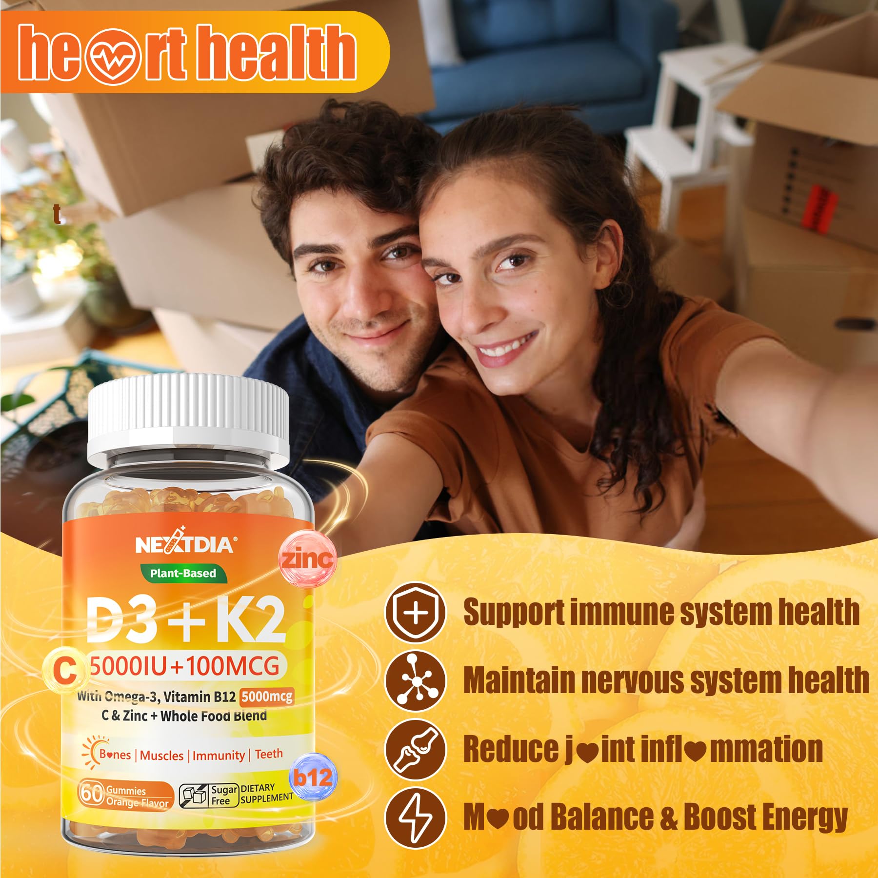 Nextdia D3K2 Gummies orange flavor closeup invites tasty daily intake