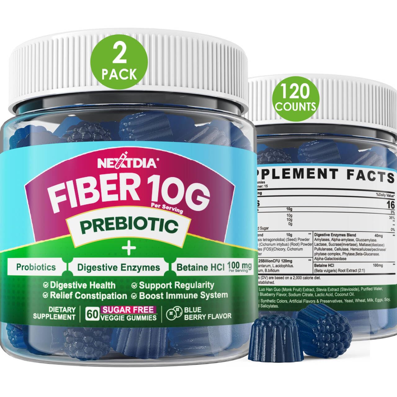 Nextdia Fiber Gummies for Adults bottle front showing 120 count for digestive support