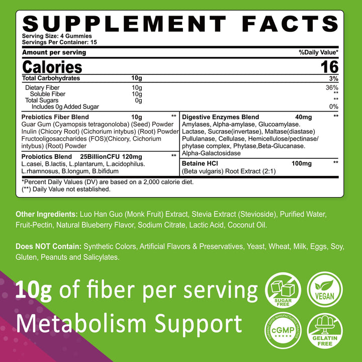 Nextdia Fiber Gummies packaging highlighting vegan gelatin-free formula for gut health.