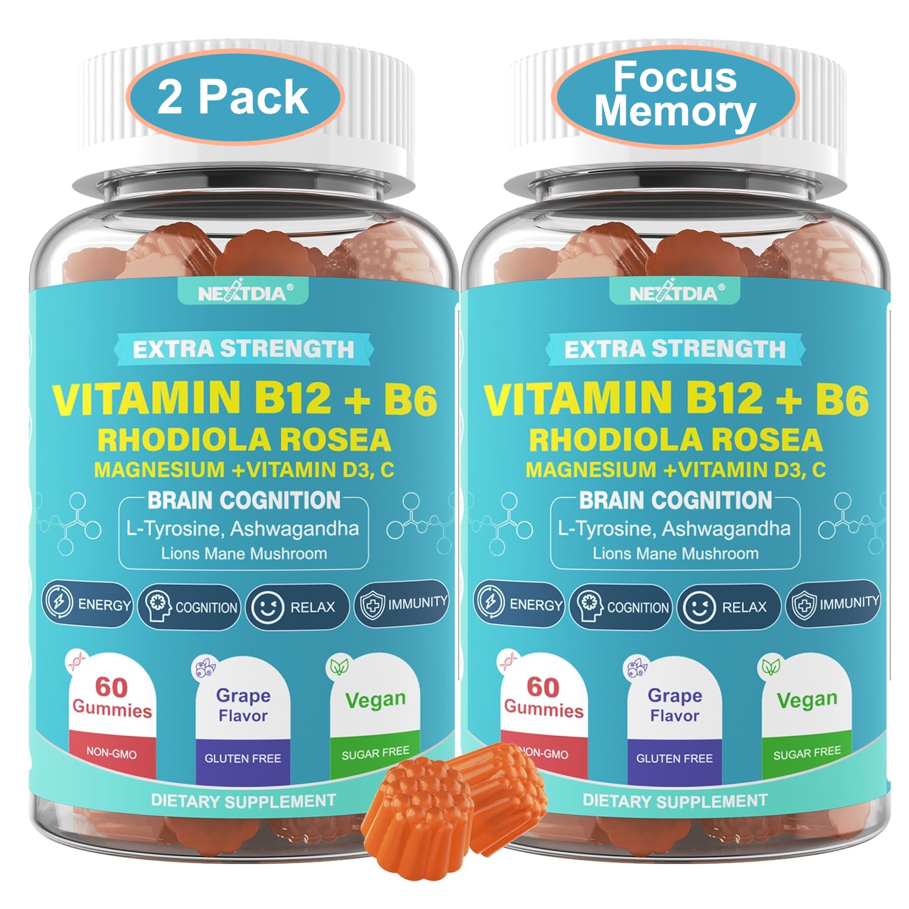 Nextdia Focus Memory & Energy gummies bottle supports daily study focus.