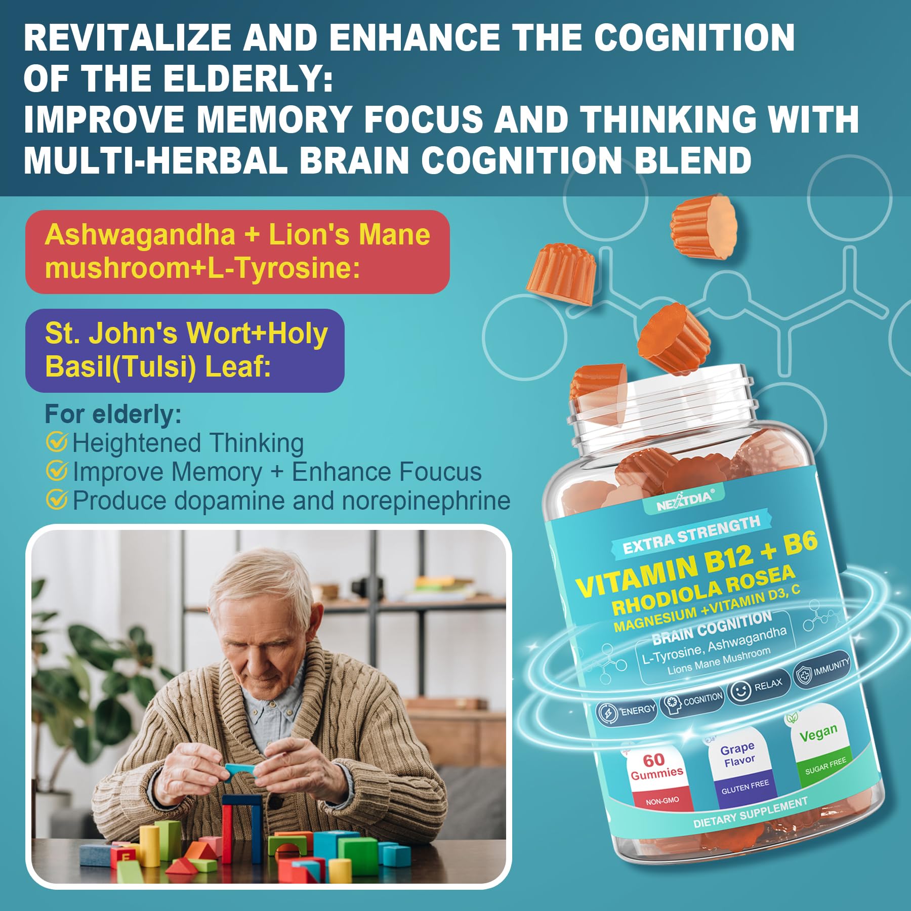Nextdia Focus Memory & Energy Gummies gummies closeup reveals chewy texture and flavor
