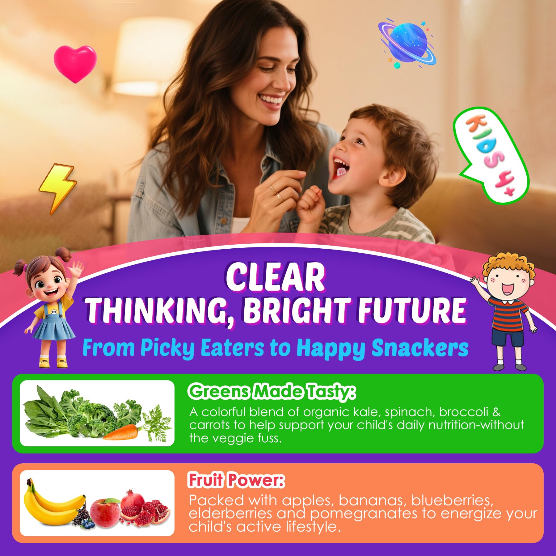 Nextdia Kids Brain Gummies vegan, sugar-free formula on green background for easy daily use