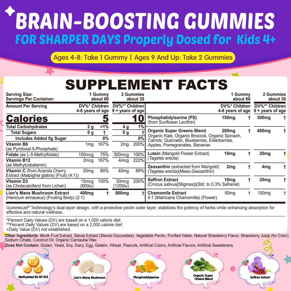 Nextdia Kids Brain Gummies close-up of strawberry gummies for improved focus during school
