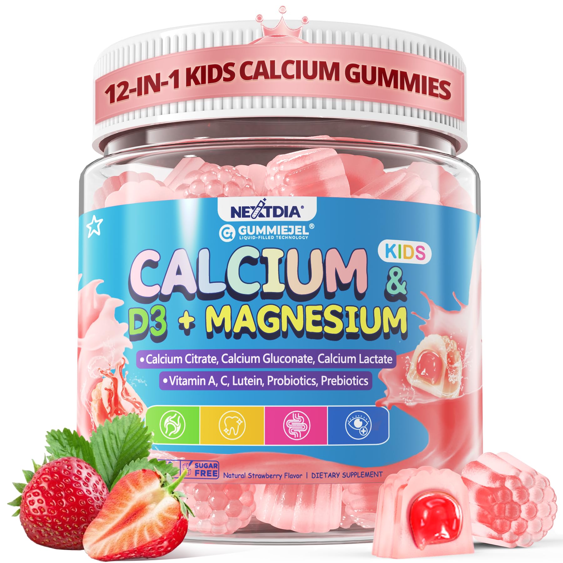 Nextdia Kids Calcium Gummies jar front promoting bone health for children