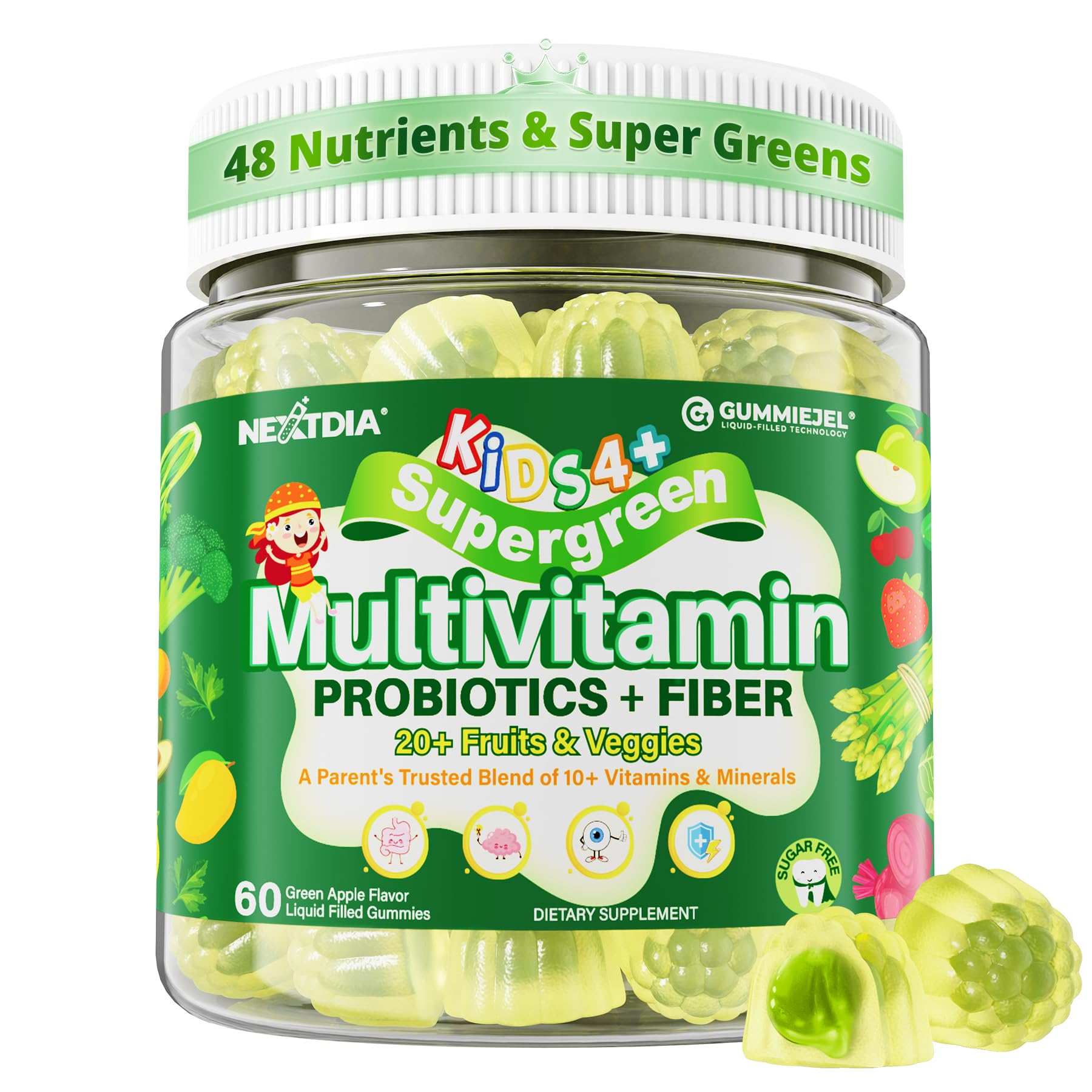 Nextdia Kids Multivitamin Gummies bottle front with vegan, sugar-free daily nutrition
