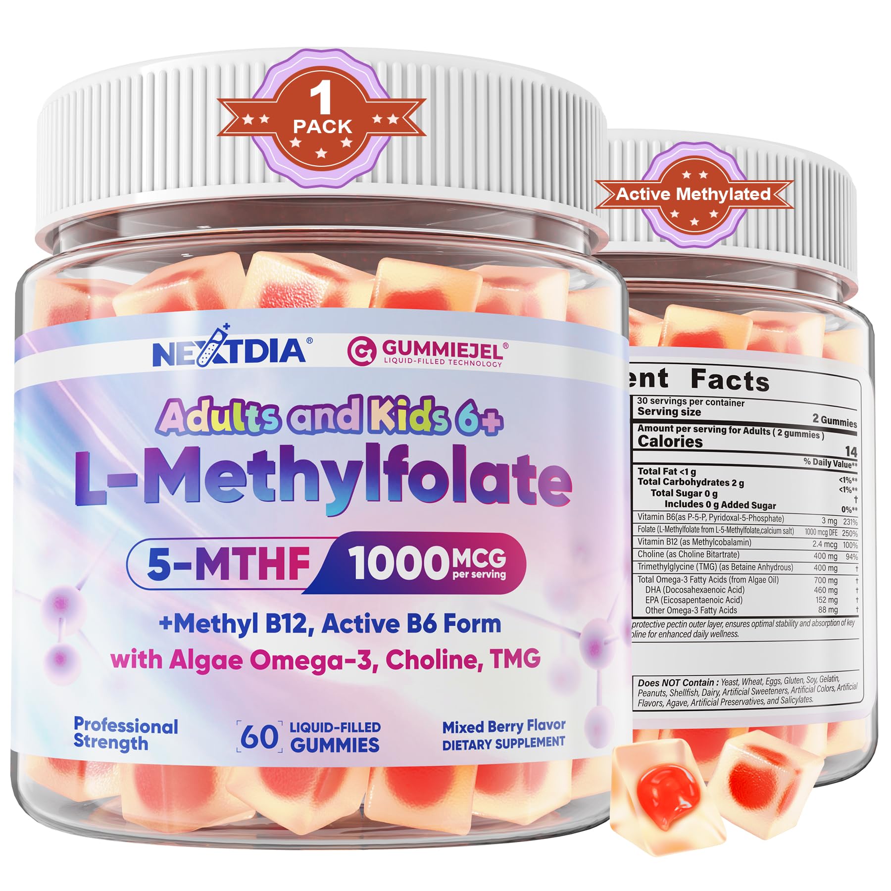 Nextdia L-Methylfolate 1000mcg bottle shows active folate formula for daily support.