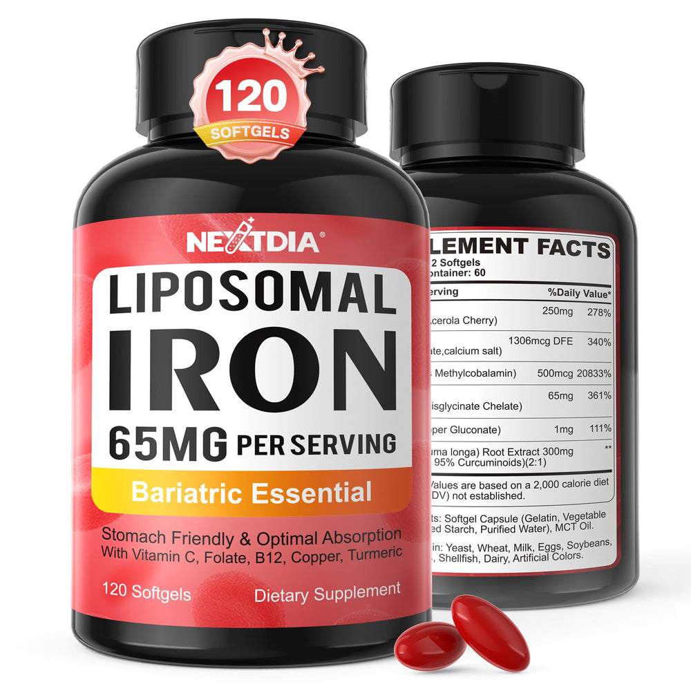 Nextdia liposomal bariatric iron 65mg bottle with gentle, easy-to-swallow softgels.