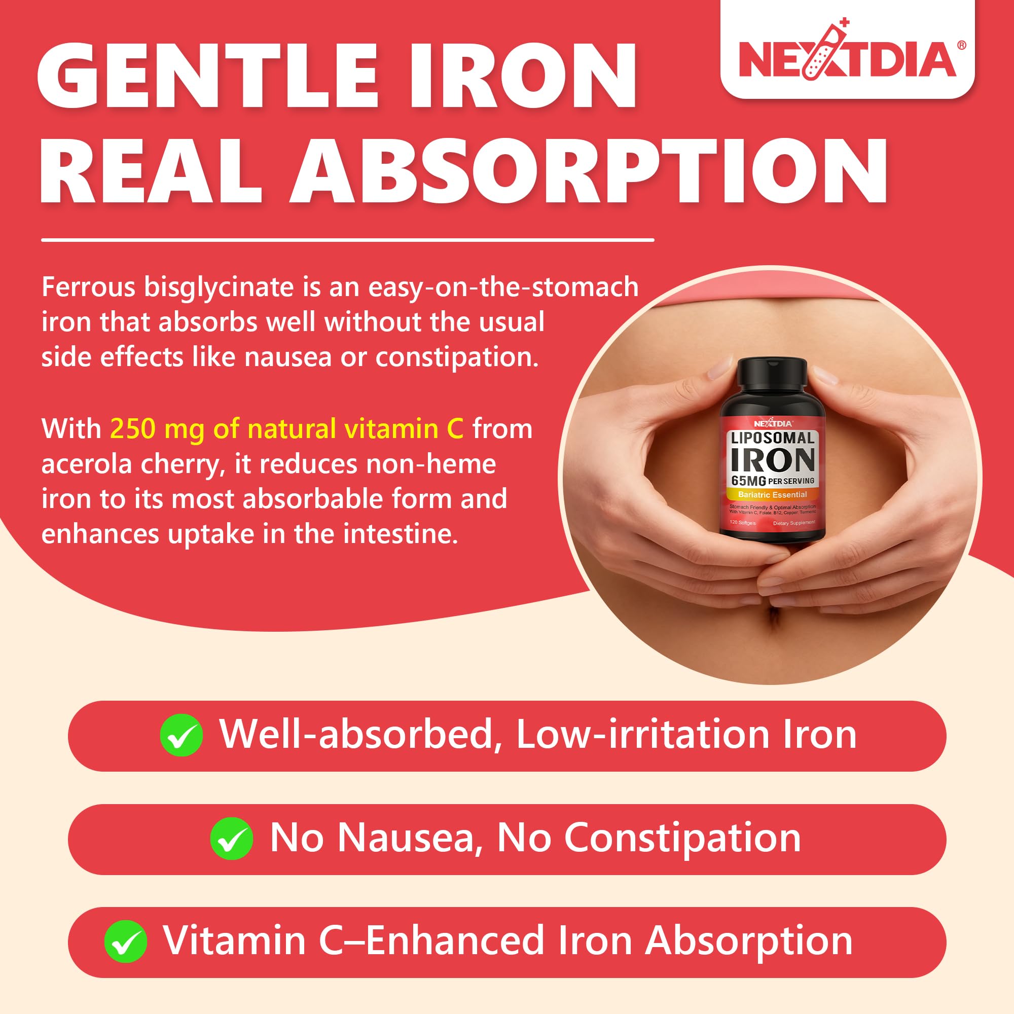 Ingredients panel of Nextdia iron formula featuring absorption-supporting nutrients.