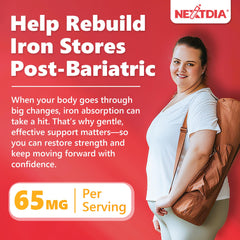 Close-up of Nextdia label highlighting non-constipating iron formula.