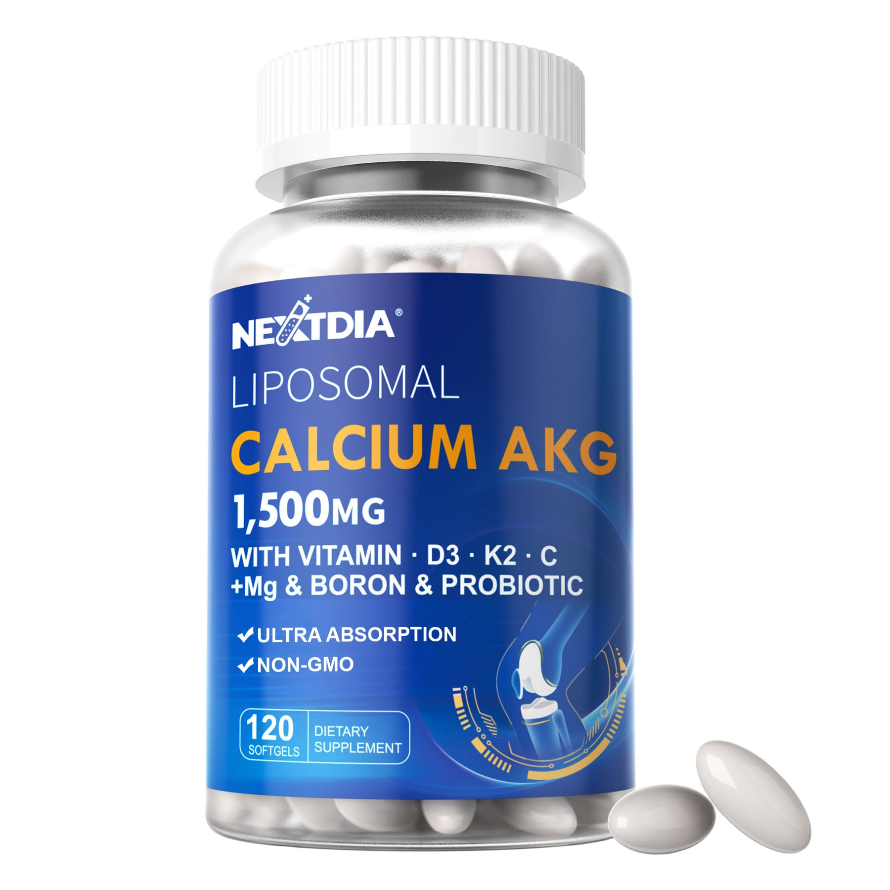 Nextdia liposomal calcium AKG bottle highlighting enhanced absorption potential