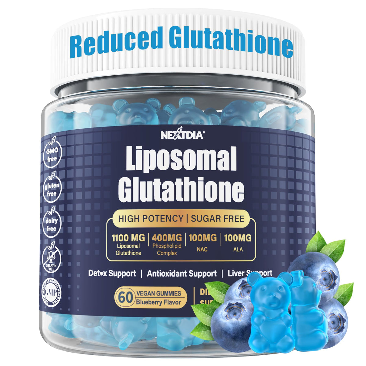 Nextdia Liposomal Glutathione Gummies bottle front, highlighting vegan antioxidant support