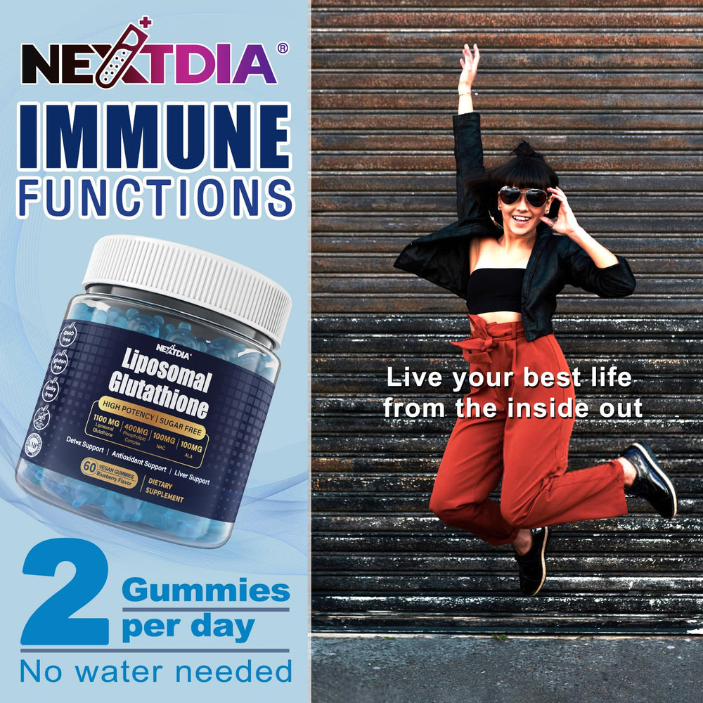Nextdia Liposomal Glutathione Gummies gummy closeup emphasizes sugar-free daily option
