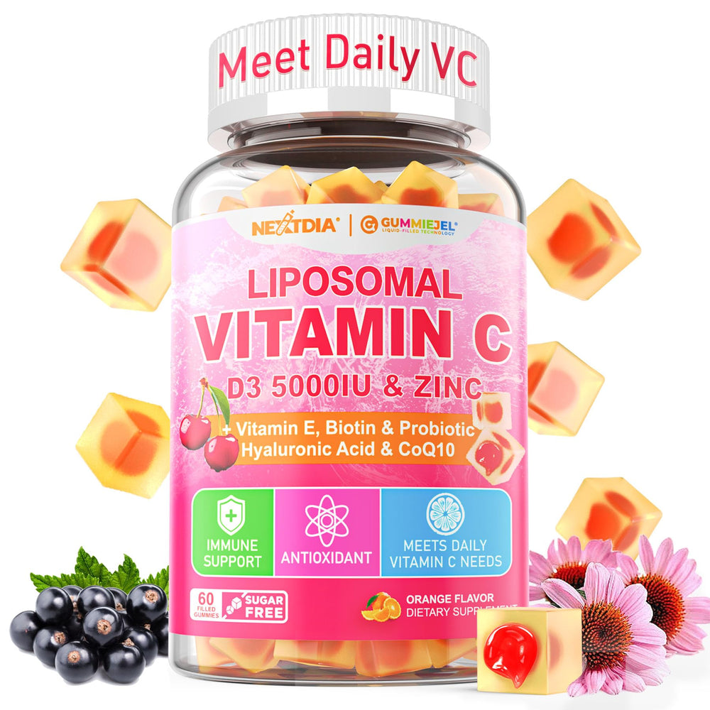 Nextdia liposomal vitamin C + D3 + zinc gummies bottle highlighting immune support and energy