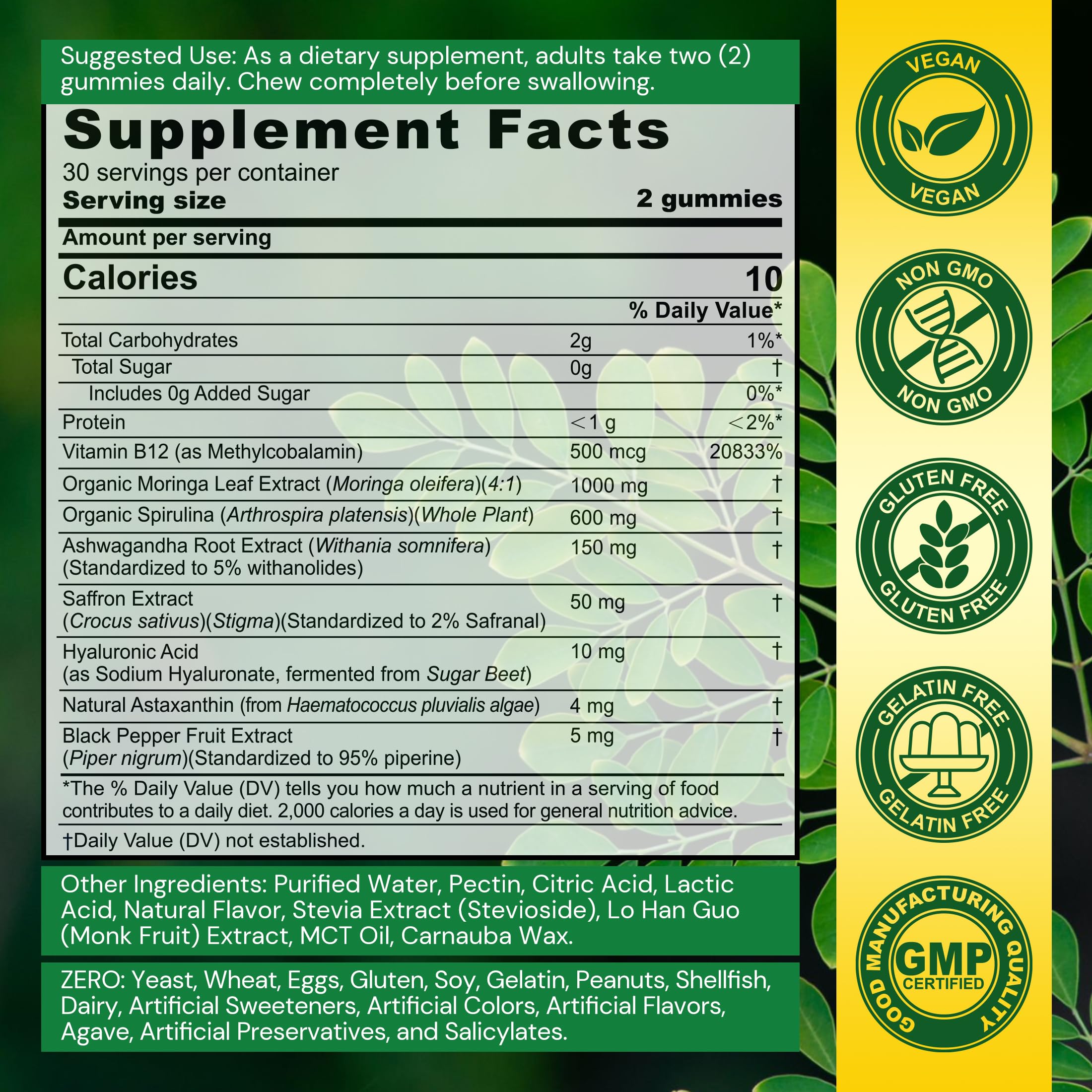 Nextdia Moringa Gummies bottle label close-up highlighting organic moringa and antioxidants.