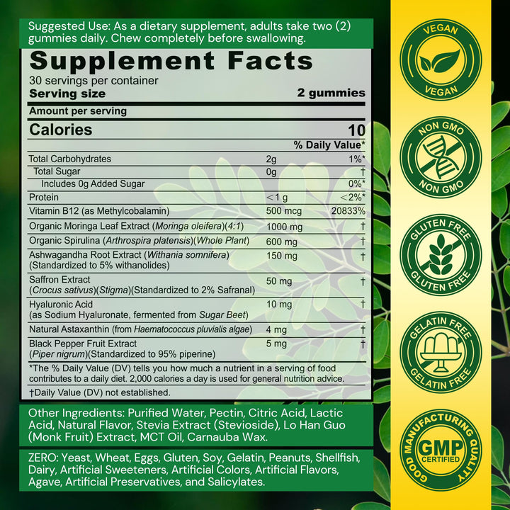 Nextdia Moringa Gummies bottle label close-up highlighting organic moringa and antioxidants.