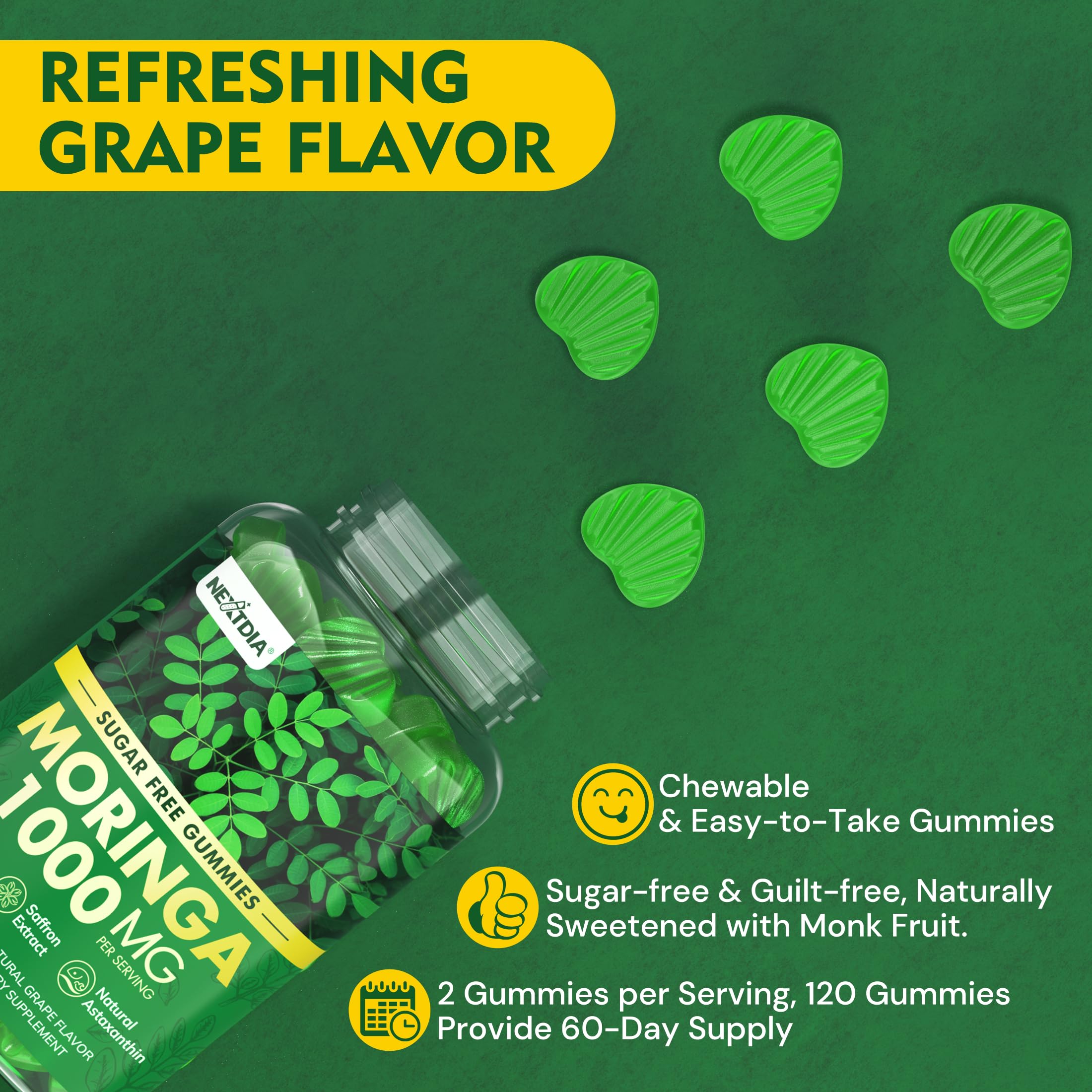 Nextdia Moringa Gummies sugar-free banner signaling energy support.