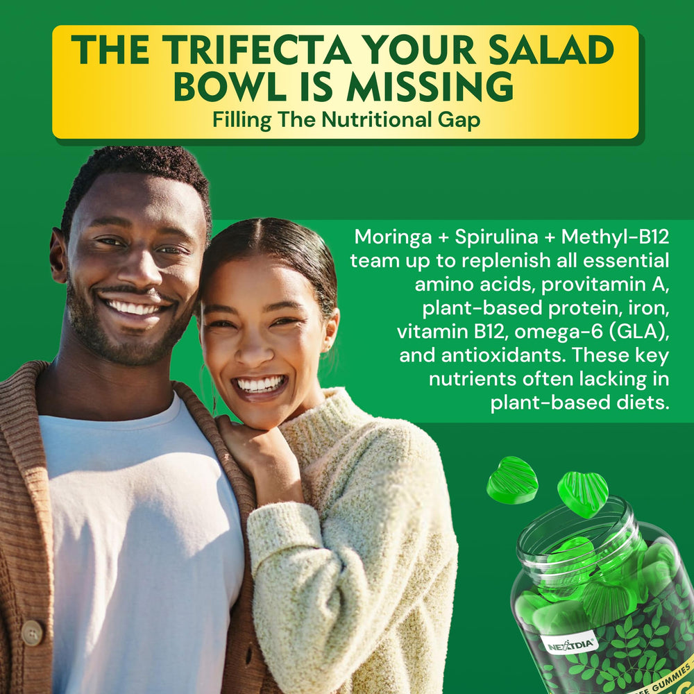 Nextdia Moringa Gummies vegan gluten-free icons on label.