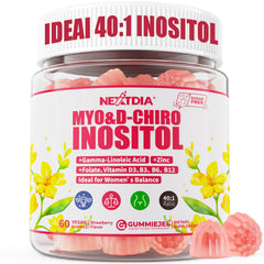 Nextdia Myo-Inositol-D-Chiro gummies bottle offers convenient daily support for hormonal balance.