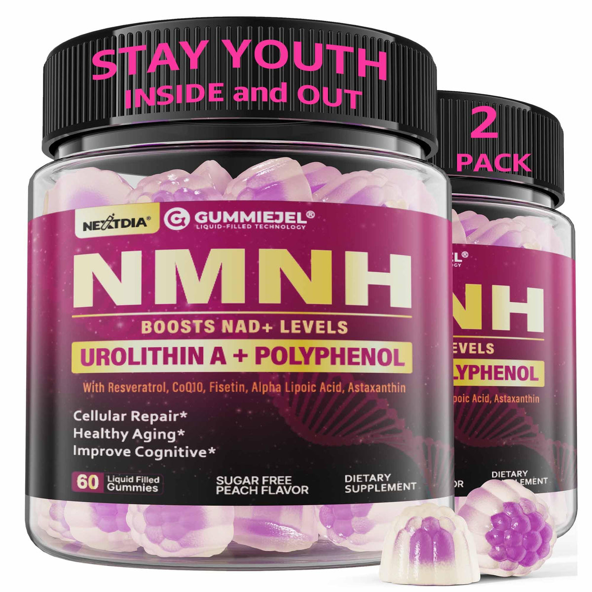 Nextdia NMNH gummies bottle front showing sugar-free daily wellness support