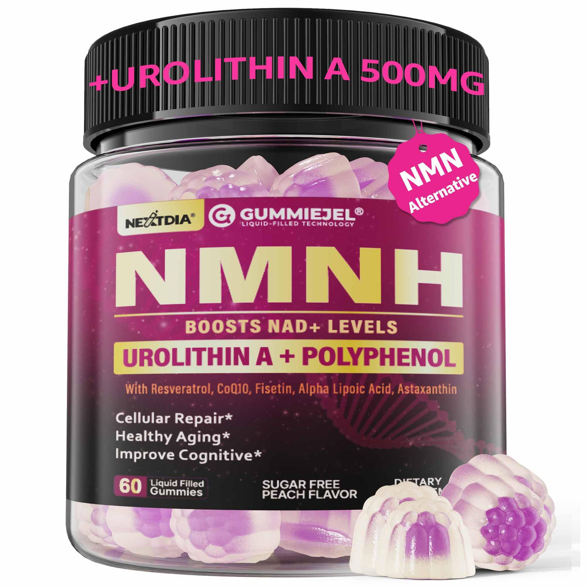 Nextdia NMNH Gummies bottle for daily use with peach flavor and sugar-free format.