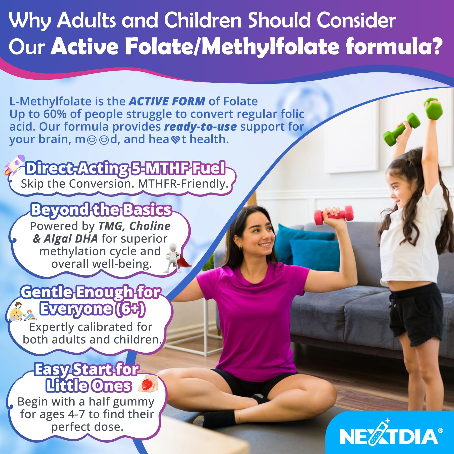 Nextdia Omega-3 DHA/EPA algae oil gummies highlight brain health and focus.