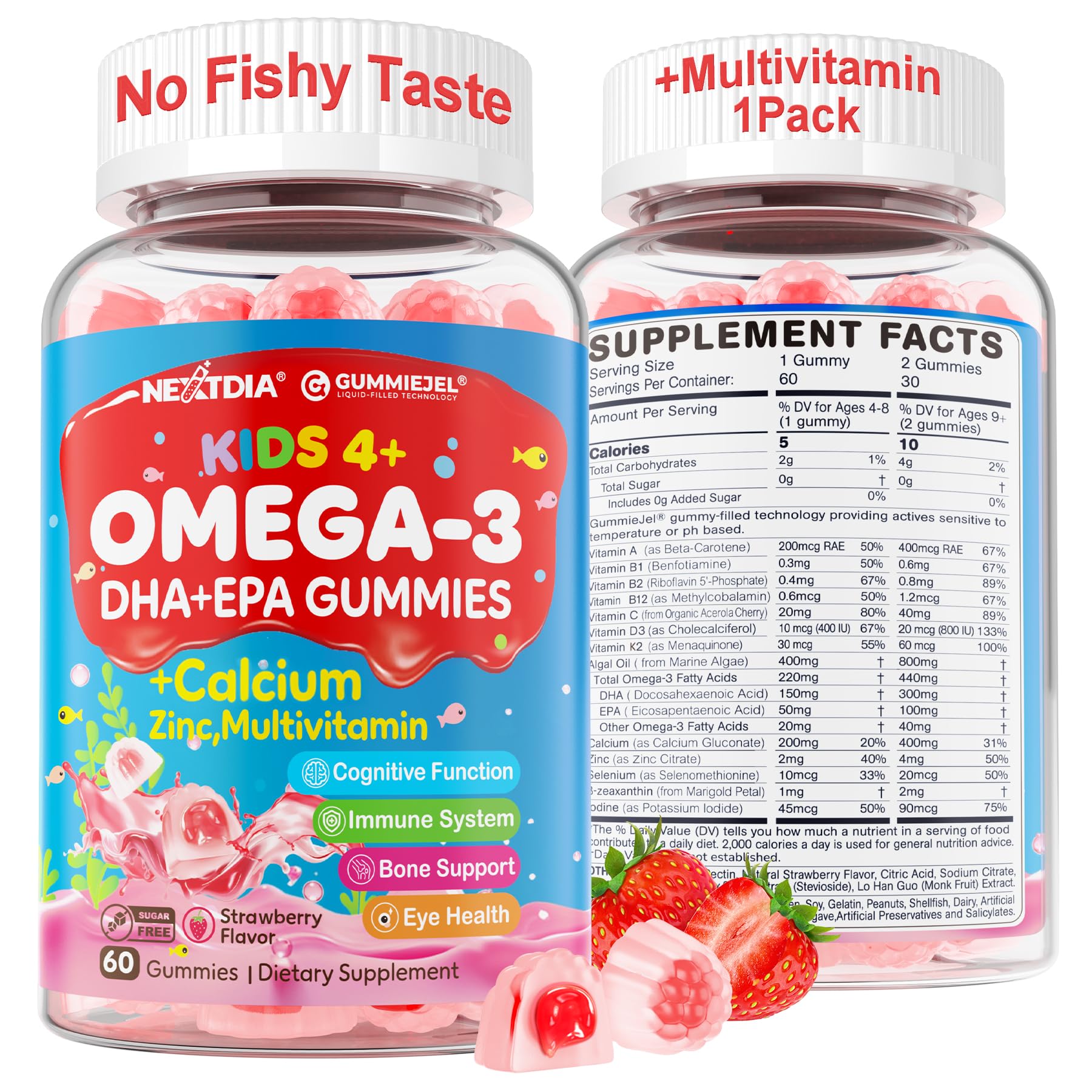 Nextdia Omega 3 gummies bottle pouring to support kids' brain focus.