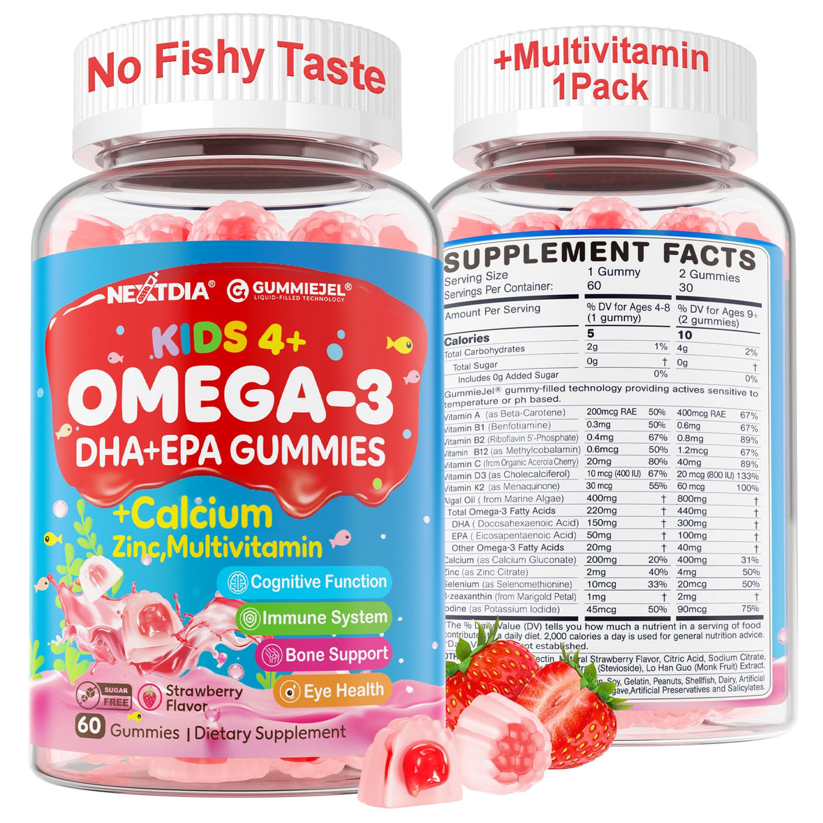 Nextdia Omega 3 gummies bottle pouring to support kids' brain focus.
