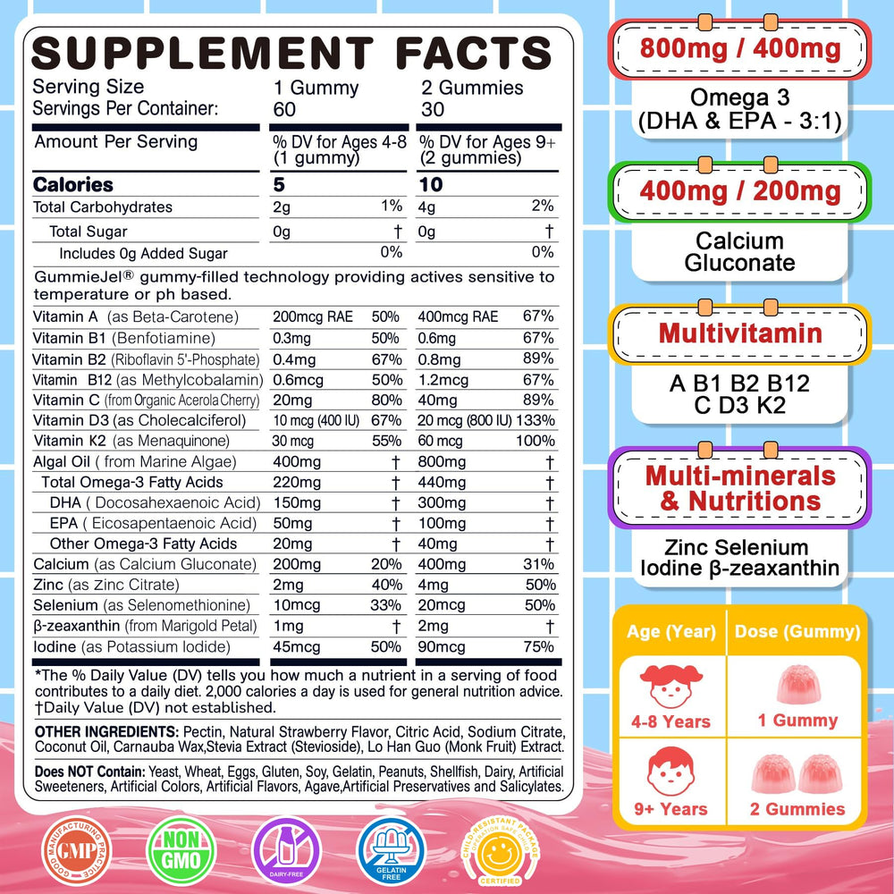 Nextdia Omega 3 gummies close-up showing strawberry flavor for eye health.