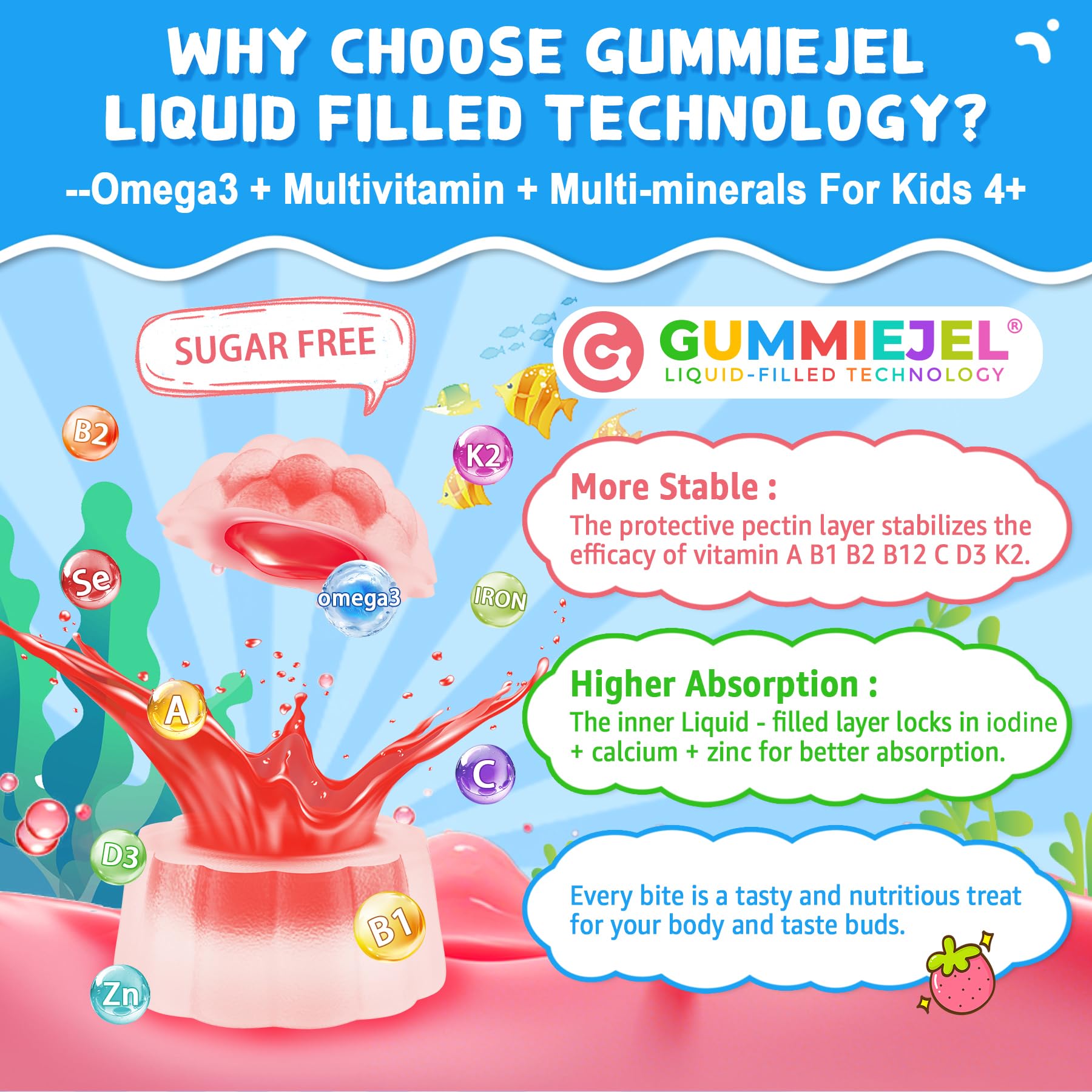 Nextdia Omega 3 gummies no fish taste with natural strawberry flavor.