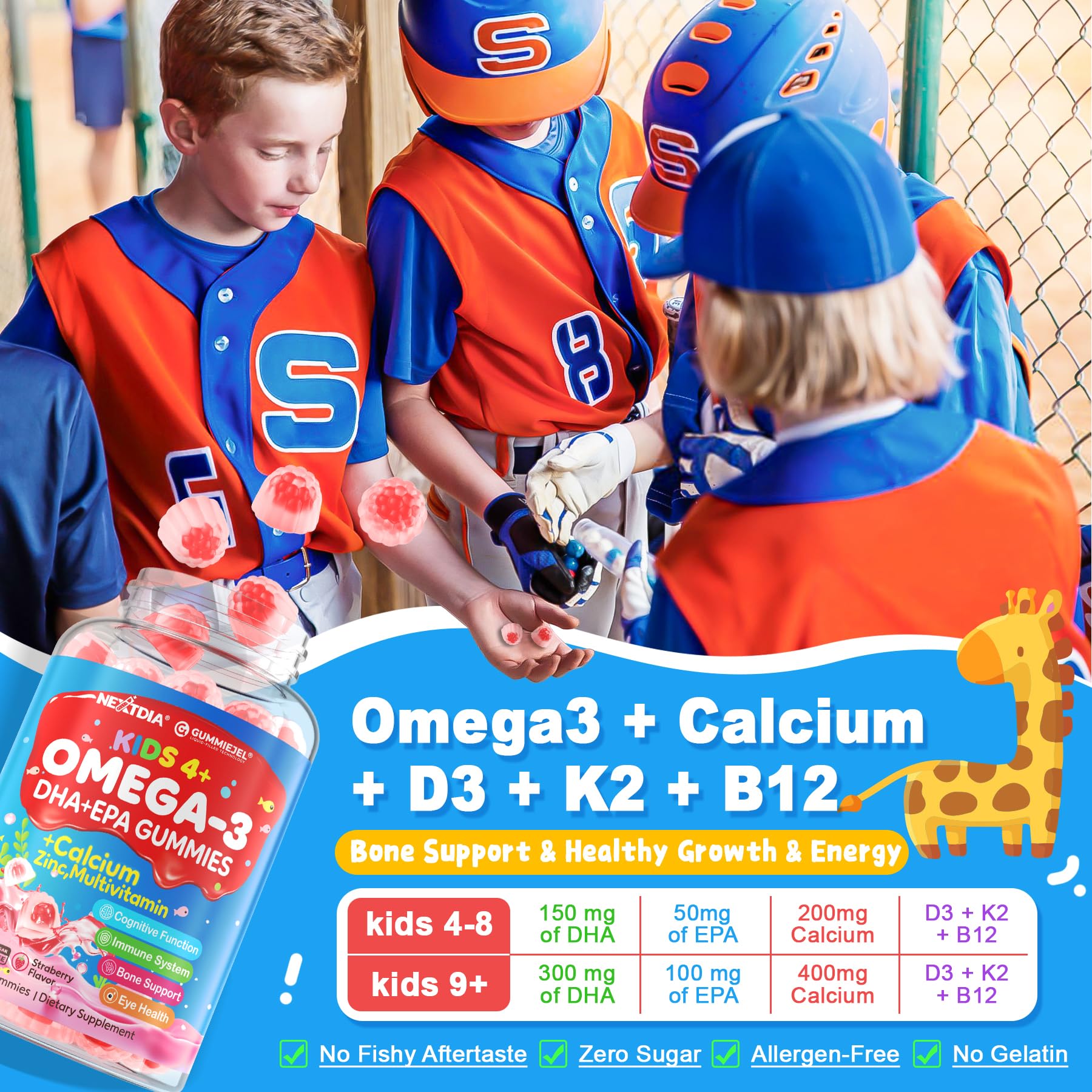 Nextdia Omega 3 gummies packaging highlights multivitamin blend for families.