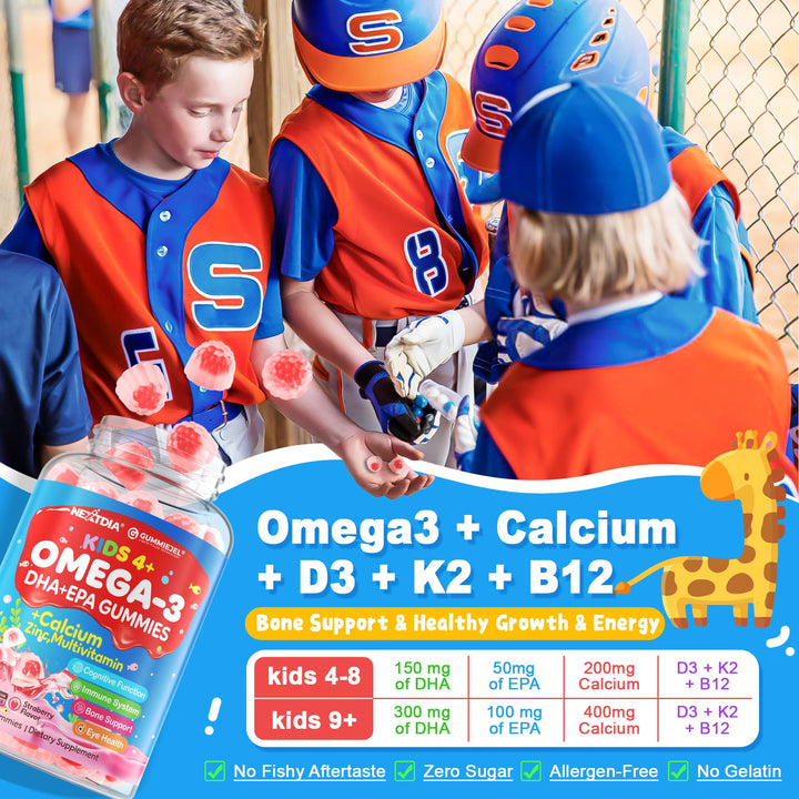 Nextdia Omega 3 gummies packaging highlights multivitamin blend for families.