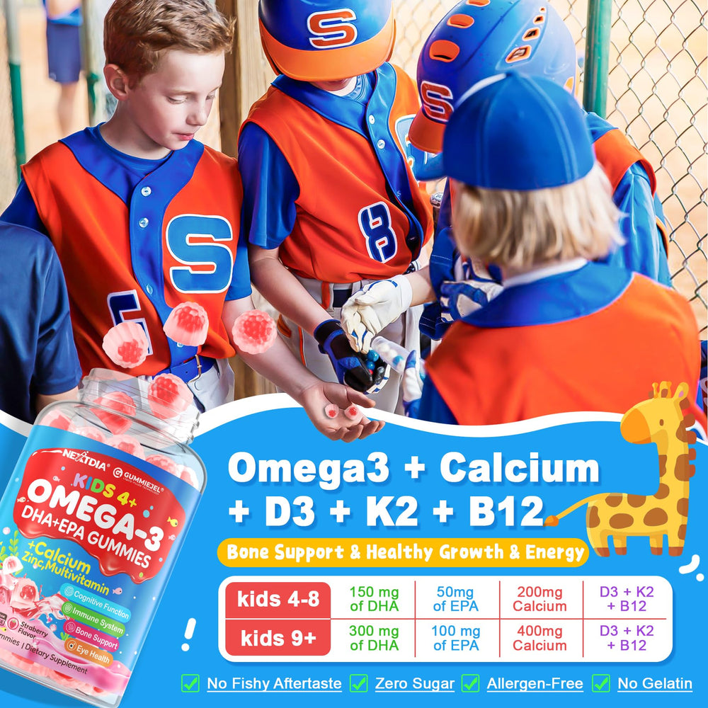 Nextdia Omega 3 gummies packaging highlights multivitamin blend for families.