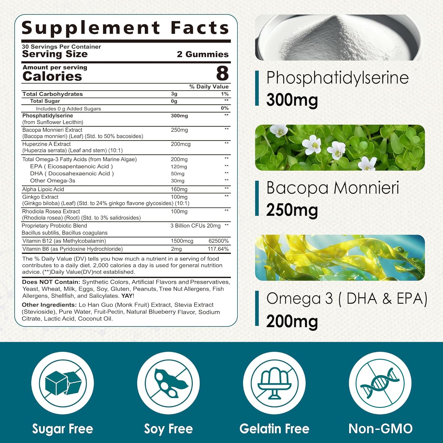 Nextdia phosphatidylserine gummies blueberry flavor close-up shows tasty, sugar-free formula