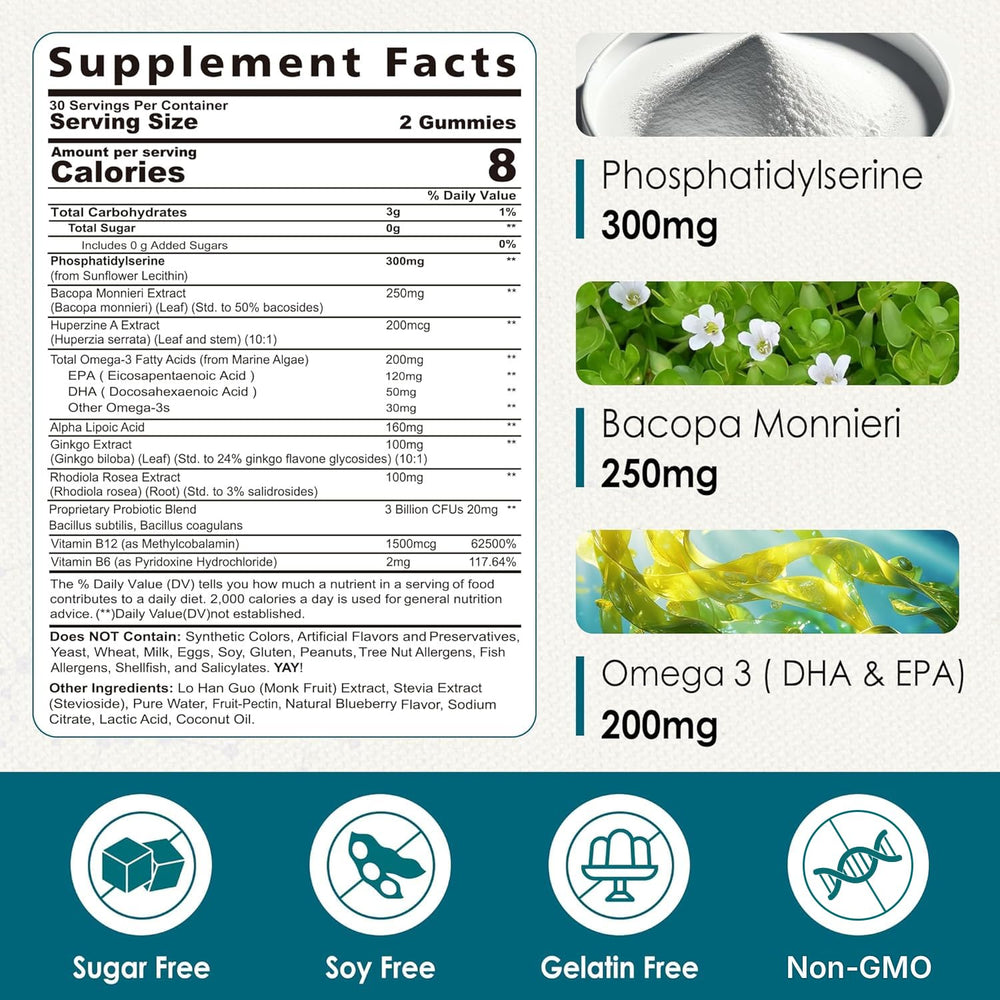 Nextdia phosphatidylserine gummies blueberry flavor close-up shows tasty, sugar-free formula