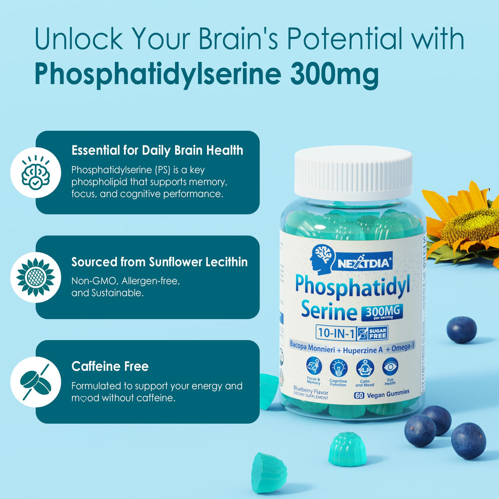 Nextdia phosphatidylserine gummy ingredients label communicates vegan, non-GMO formulation