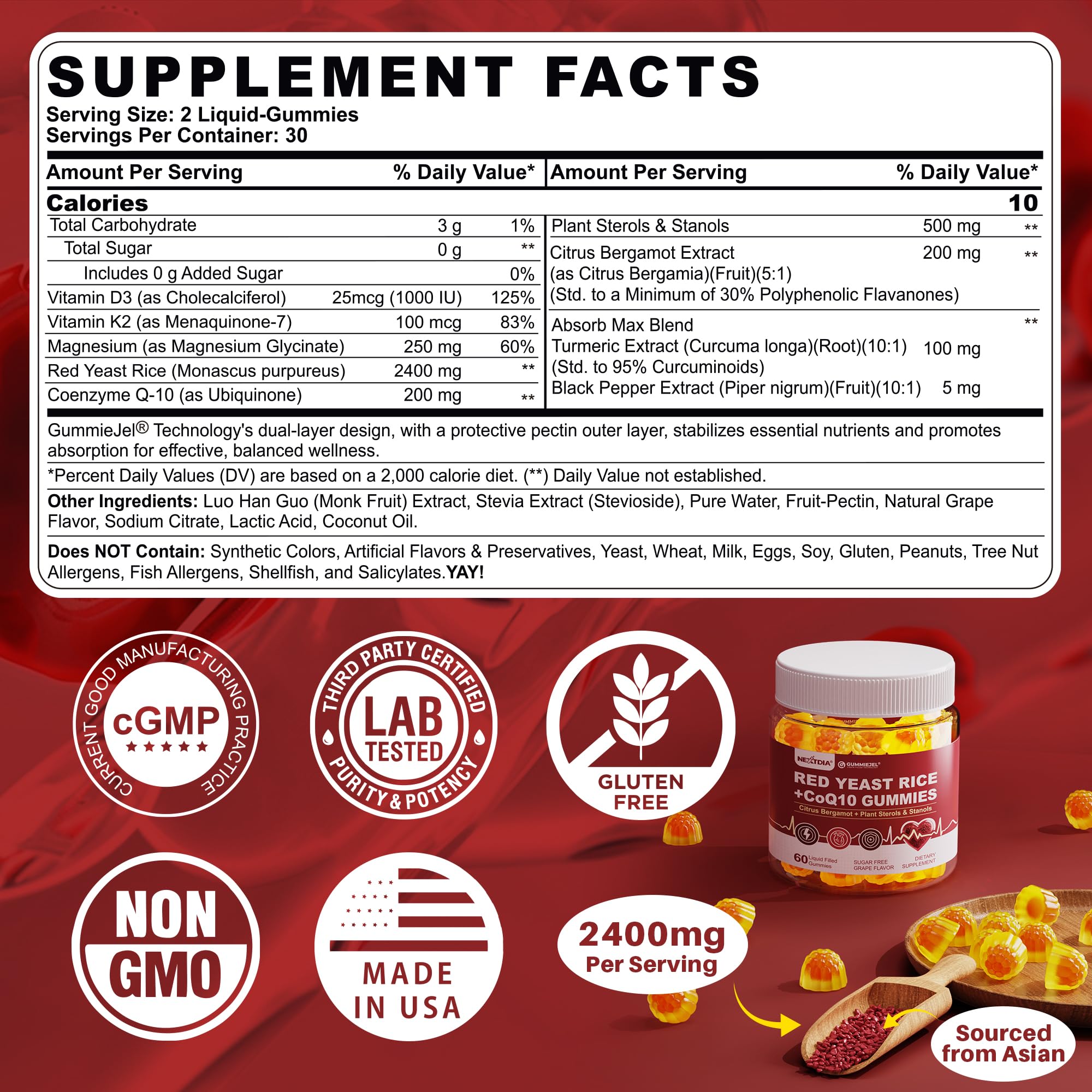 Nextdia Red Yeast Rice Gummies packaging highlights vegan, sugar-free formula.