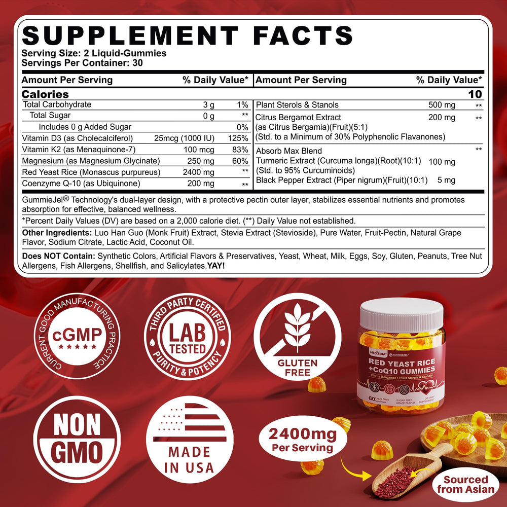 Nextdia Red Yeast Rice Gummies packaging highlights vegan, sugar-free formula.
